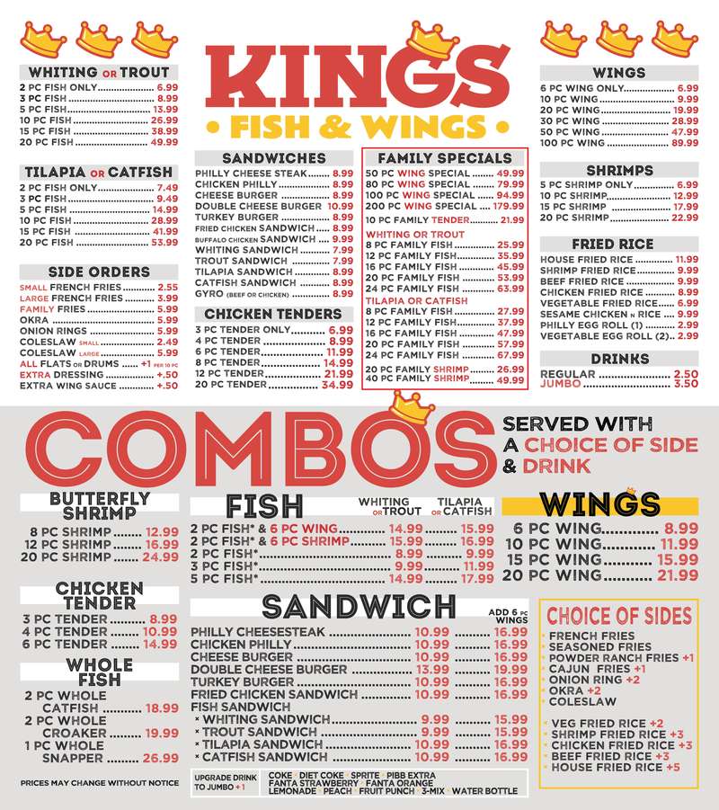Kings Fish and Wings menu